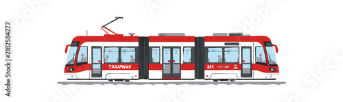 Side view of a modern red and white city tram isolated on white background.