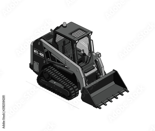 Isometric view of a modern tracked skid steer loader construction vehicle.