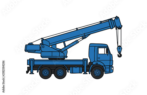 Blue mobile crane truck isolated on white background for construction and heavy industry projects.