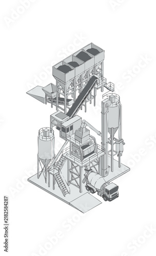 Isometric illustration of a concrete batching plant with a mixer truck.