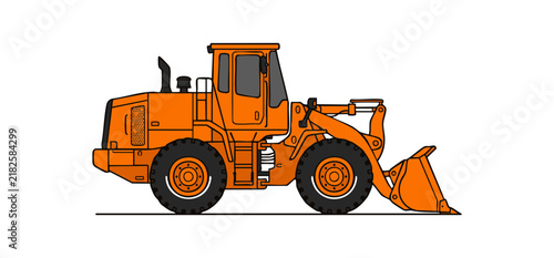 Orange heavy duty wheel loader construction vehicle isolated on white background.