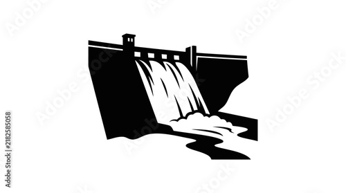 Hydroelectric dam silhouette against a white background depicts water flow