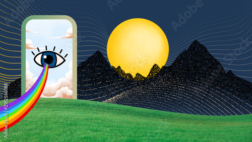 Surrealism illustration featuring a doorway frame with a giant eye, rainbow light beam, yellow sun, dark wave line mountains, and green grass field.