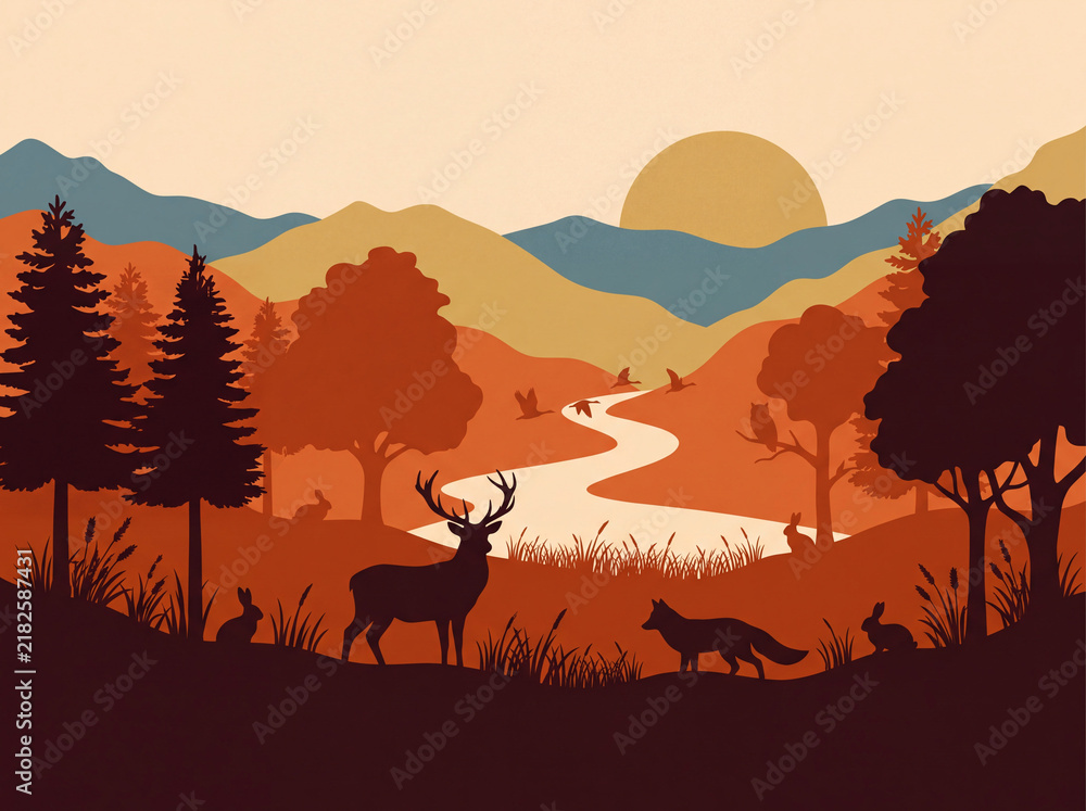 Fototapeta premium Serene Autumn Wildlife Landscape with Deer and Fox by a Winding River at Sunset