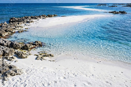 A stunning view of a winding white sandbar cutting through vibrant blue ocean waters, surrounded by natural volcanic rocks and shallow turquoise lagunar shores on a bright sunny day.