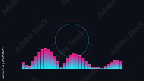 Digital Audio Frequency Visualizer with Neon Gradient Pulse Bars and Circular Abstract Waveform Elements for Sound Visualization