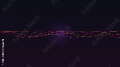 Abstract digital wave lines with glowing light particles on a dark purple background for modern technology data flow and scientific visualization