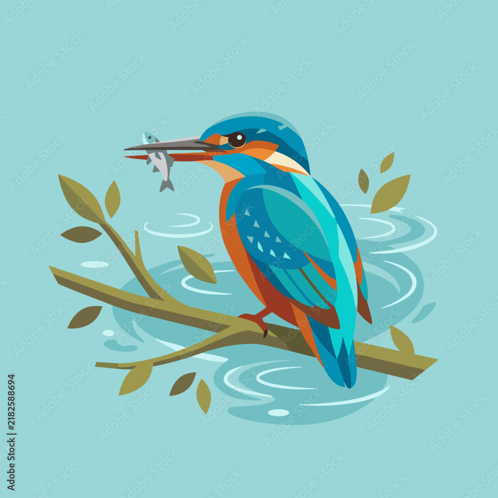 Fototapeta premium Vector illustration of a colorful common kingfisher bird perched on a tree branch over blue water holding a small silver fish in its beak, featuring a stylized flat design.
