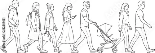 Group of diverse people walking in a line vector illustration