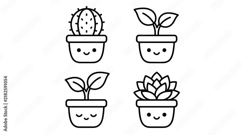Obraz premium Cute kawaii potted plant icons set with cactus and succulents in black line art style.