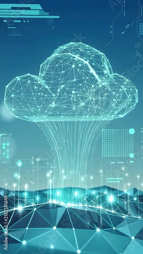 Futuristic Digital Cloud Icon Raining Data Over Geometric Network Landscape With Tech Blue Backdrop