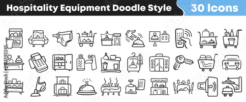 Hospitality equipment doodle style icons set featuring various hotel service items