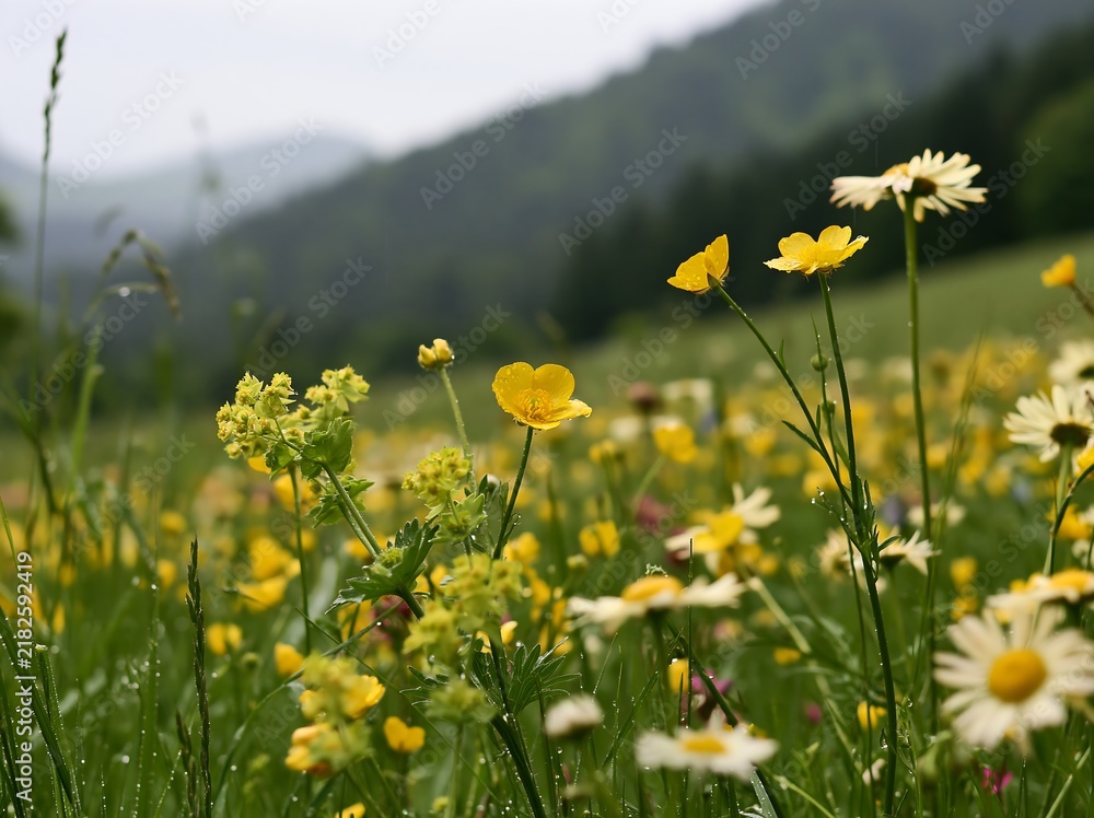 Fototapeta premium Colorful buttercup meadow filled with wildflowers