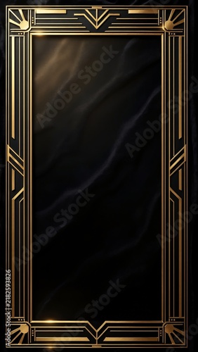 Art Deco Border Frame with Sleek Metallic Gold Lines on Dark Black Velvet Background