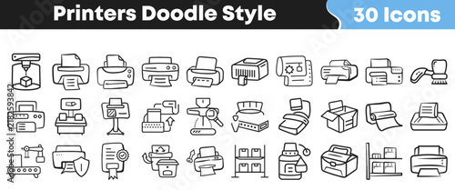 Hand drawn printer icons in cute doodle style for creative design