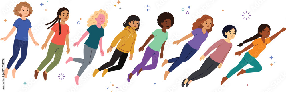 Obraz premium Diverse Group of Happy Girls Floating and Flying in the Air Vector Character Set for Kids Education, Empowerment, and Creative Concept Designs
