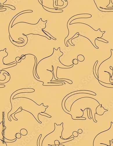 Minimalist Seamless Line Art Pattern of Playful Cat Silhouettes with Black Continuous Lines