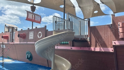 Pirate themed playground with a spiral slide, ship inspired structures and colorful outdoor play equipment in Ashdod, Israel