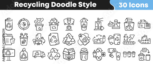 Hand drawn collection of thirty recycling icons in doodle style