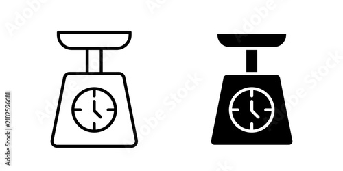 Kitchen Scales Icon represents food measurement, cooking, baking, ingredients, and weight control with editable outline and fill vector illustrations.