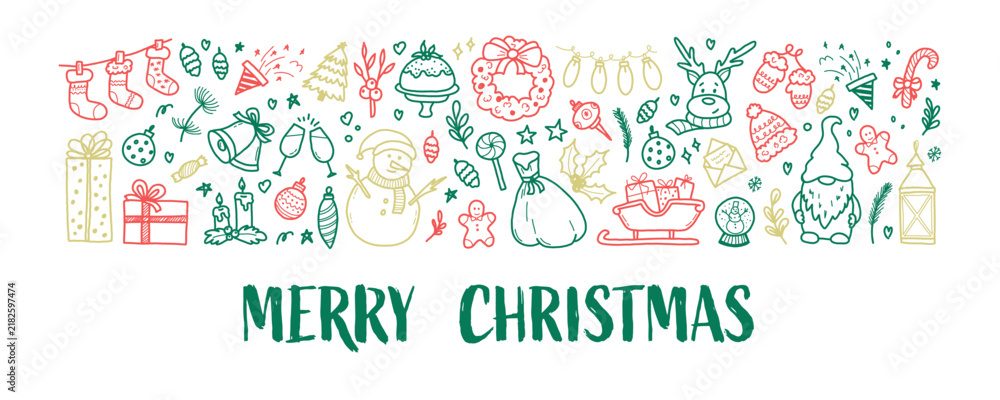 Fototapeta premium Merry Christmas greeting card template with handdrawn festive elements