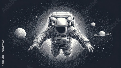 Astronaut exploring the cosmos among distant worlds