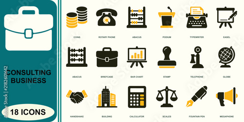 Collection of eighteen consulting and business management in yellow and dark green flat