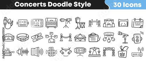 Hand drawn concert icons set featuring musical performance and stage equipment