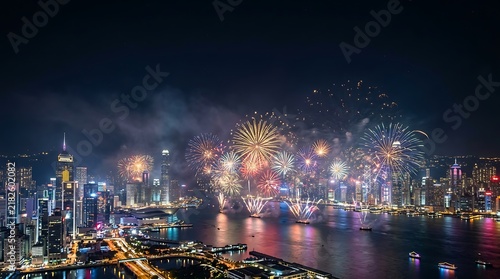 Spectacular New Year fireworks bursting over city skyline and bay at night