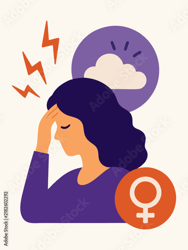 Menopause Concept with Woman Experiencing Headache and Stress, Female Health Vector