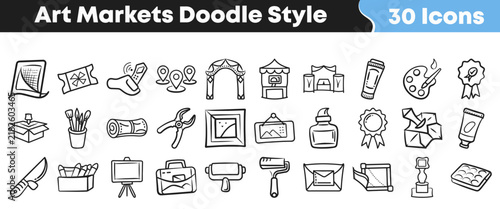 Collection of various art market icons in a hand drawn style