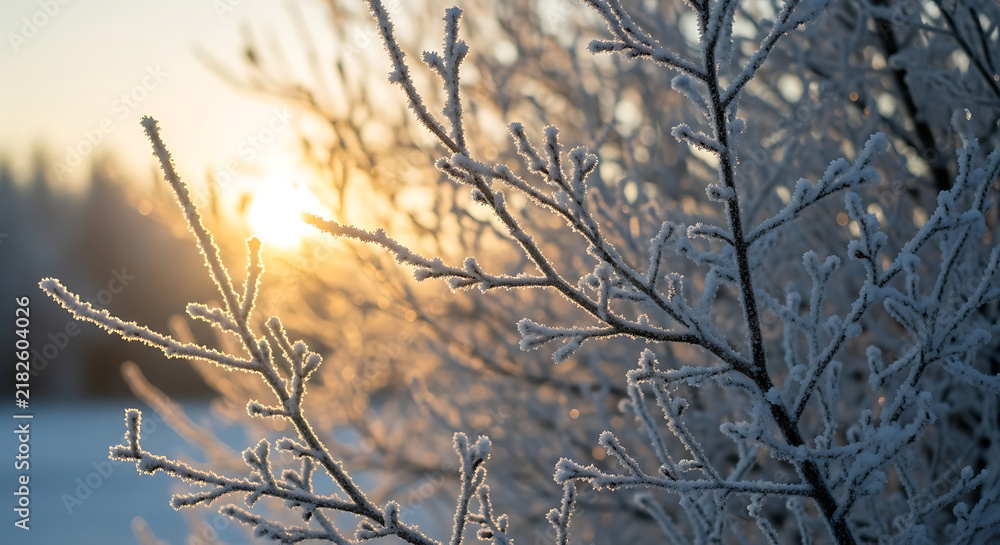 Obraz premium Frost-covered branches in winter sunlight