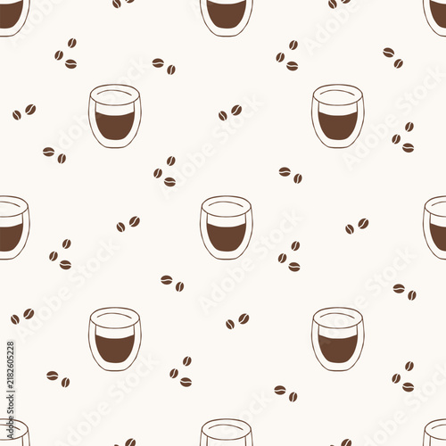Seamless pattern with minimalist espresso glasses and roasted coffee beans. Simple vector illustration