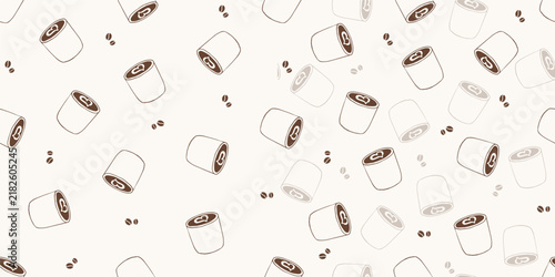 Set of seamless coffee cups and beans patterns with latte heart art, minimalist beige and brown vector background