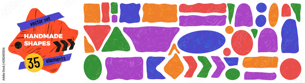 Obraz premium Crayon figure set with rough pastel brush texture. Colorful rectangles and circles form playful labels and callouts. Crayon figure vector collection for social media post or poster design.