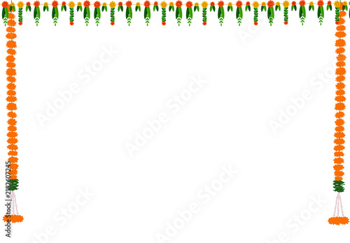 Indian Wedding Floral Toran Border with Marigold Flowers and Hanging Mango Leaves