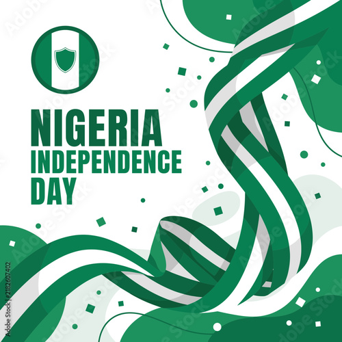 Nigeria Independence Day Celebration with Waving Flag and National Emblem.