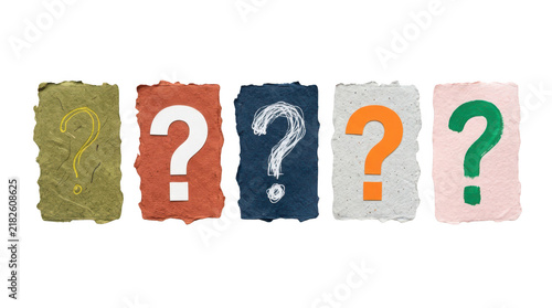 Five colorful handmade paper cards with question marks isolated on transparent background