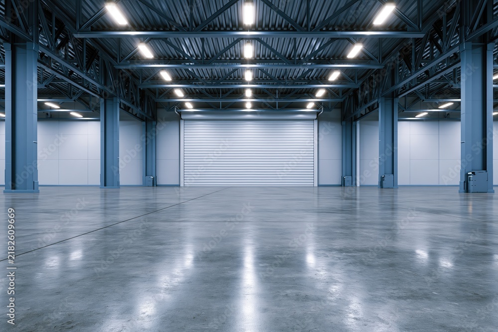 Obraz premium The Empty Warehouse Interior With Blue Steel Beams And Bright Lighting