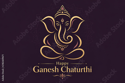 Elegant golden ganesha line art on deep plum background for ganesh chaturthi celebration and traditional lord ganesha puja festive greeting design illustration