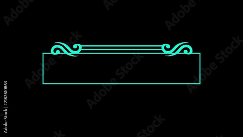 Cyan vintage ornamental floral title frame border line isolated on a black background. Elegant decorative lower third banner for stylish video presentations.