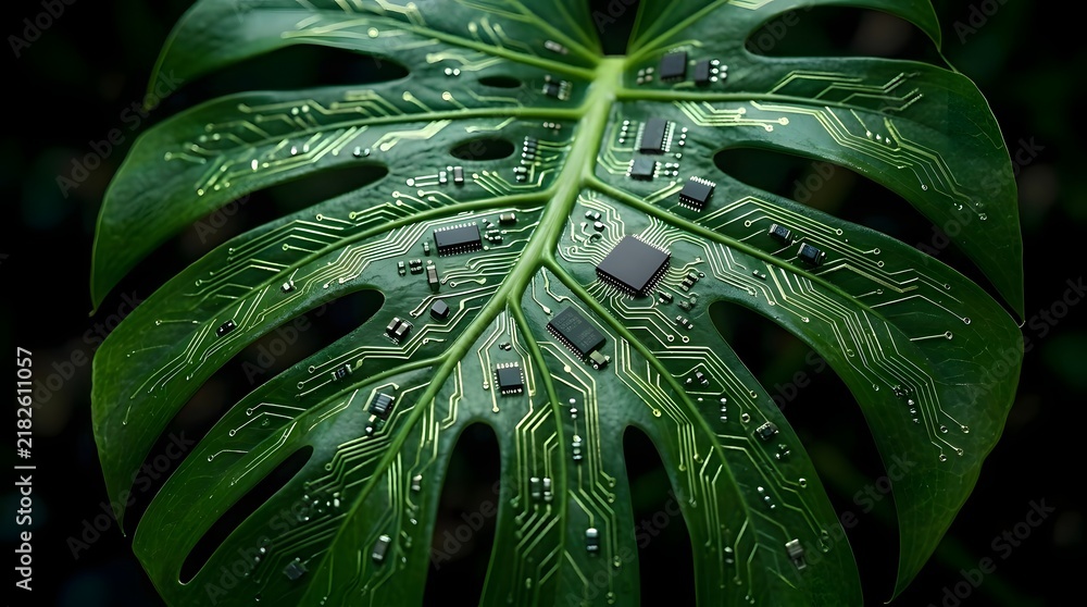 Fototapeta premium Close up of a monstera leaf transformed into a circuit board featuring visible microchips and conductive pathways mimicking natural leaf veins