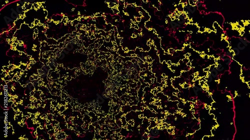 Abstract glowing neural network lines moving and transforming in yellow and red on black background