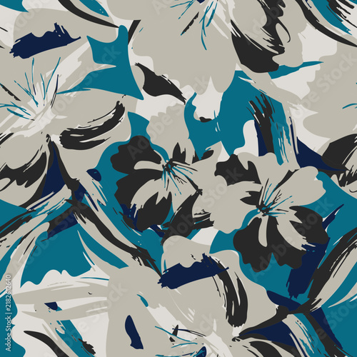 Artistic seamless pattern with painterly teal, grey, and black floral brush strokes for modern textile, fabric, wallpaper, and apparel design.