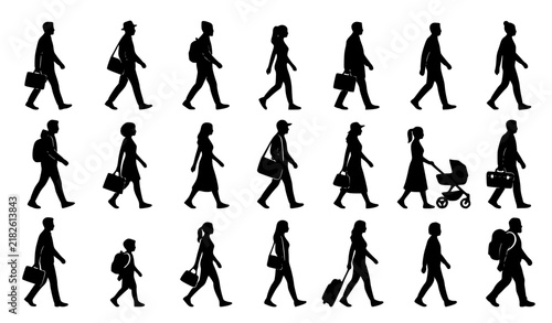 Large walking people black silhouette vector collection with diverse pedestrians in side view
