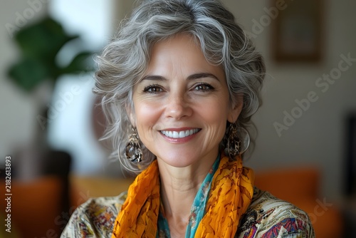 Smiling mature woman with wavy gray hair and a colorful scarf in a bright living room