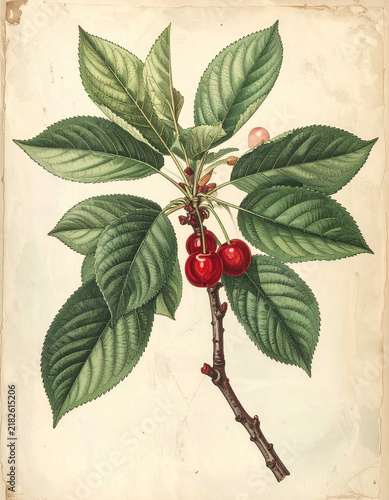 Cherry tree branch botanical study with detailed leaves and vintage engraving