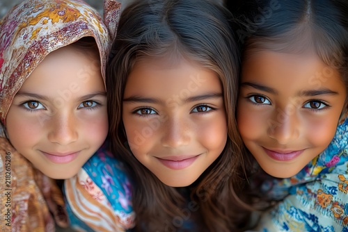 Three young girls with diverse features smiling together in a close up portrait shot outdoors