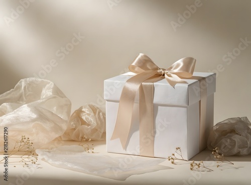 Elegant white gift box with silk ribbon on neutral background for luxury holiday shopping.