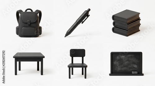 Black 3D School Supplies and Classroom Furniture Icon Set